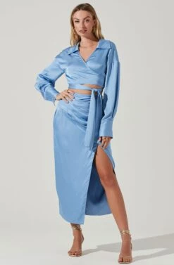 Loretta Satin Cropped Tie Waist Top -Dresses Sales Store ACT17629VR BLUE 1