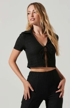 Zoey Collared Tie Front Top -Dresses Sales Store ACT17721 BLACK 2