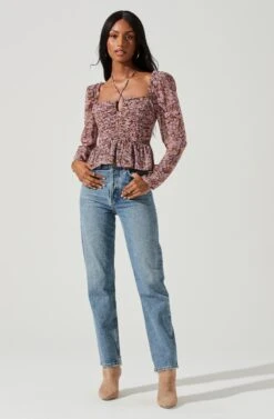 Toni Ruched Halter Long Sleeve Peplum Top -Dresses Sales Store ACT17739 BLACKPINKFLORAL 1952