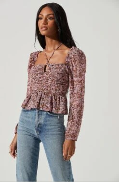 Toni Ruched Halter Long Sleeve Peplum Top -Dresses Sales Store ACT17739 BLACKPINKFLORAL 1957