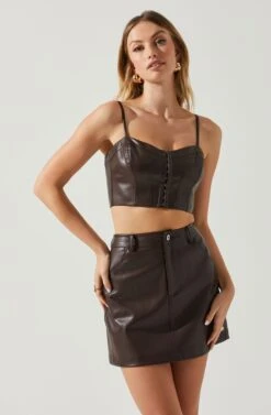 Ezra Faux Leather Corset Crop Top -Dresses Sales Store ACT17835 DARKBROWN 4