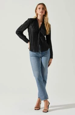 Laurel Satin Pleated Long Sleeve Top -Dresses Sales Store ACT17840P BLACK 1