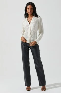 Laurel Satin Pleated Long Sleeve Top -Dresses Sales Store ACT17840P CREAM 1