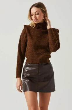 Daleyza Padded Shoulder Turtleneck Sweater -Dresses Sales Store ACT17899 BROWN 3