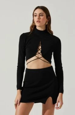 Raven Mock Neck Tie Waist Sweater -Dresses Sales Store ACT17903 BLACK 3