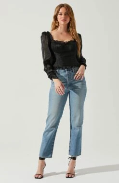 Junie Ruffle Square Neck Long Sleeve Top -Dresses Sales Store ACT17928 BLACK 1