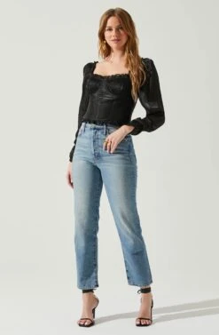 Junie Ruffle Square Neck Long Sleeve Top -Dresses Sales Store ACT17928 BLACK 2