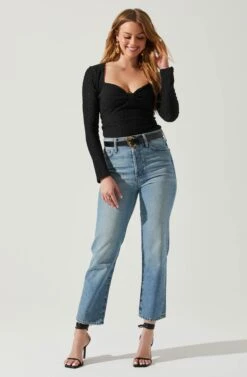 Ren Textured Sweetheart Long Sleeve Top -Dresses Sales Store ACT17975 BLACK 2