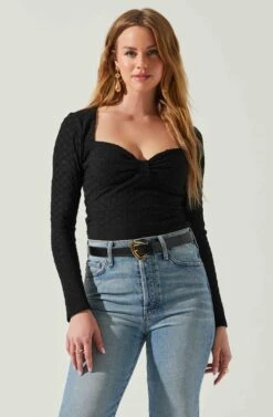 Ren Textured Sweetheart Long Sleeve Top -Dresses Sales Store ACT17975 BLACK 4