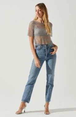 Mckay Rhinestone Mesh Short Sleeve Top -Dresses Sales Store ACT18042 GREY 2