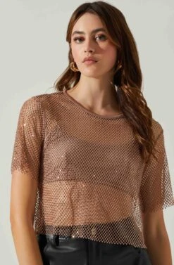Mckay Rhinestone Mesh Short Sleeve Top -Dresses Sales Store ACT18042 TAUPE 3