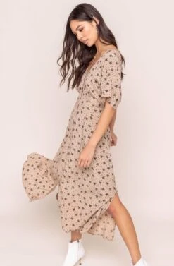 Dolman Button Front Midi Dress -Dresses Sales Store ADR100268 TAUPE BLACK MULTI FLORAL 3A