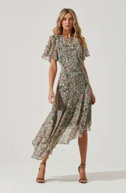 Flutter Sleeve Asymmetrical Floral Maxi Dress -Dresses Sales Store ADR100436 BLACKDAISYFLORAL 1