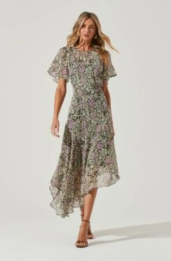 Flutter Sleeve Asymmetrical Floral Maxi Dress -Dresses Sales Store ADR100436 BLACKDAISYFLORAL 2