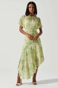 Flutter Sleeve Asymmetrical Floral Maxi Dress -Dresses Sales Store ADR100436 YELLOWGREENFLORAL 2