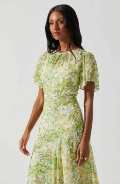 Flutter Sleeve Asymmetrical Floral Maxi Dress -Dresses Sales Store ADR100436 YELLOWGREENFLORAL 3