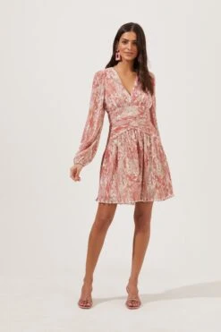 Floral Long Sleeve Plisse Wrap Front Dress -Dresses Sales Store ADR100551 CORALMULTIFLORAL 1 1