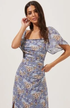 Flutter Sleeve Ruched Dress -Dresses Sales Store ADR100829 BLUE TAUPEFLORAL 3