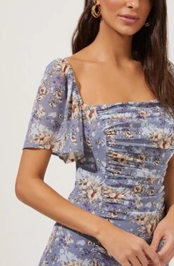 Flutter Sleeve Ruched Dress -Dresses Sales Store ADR100829 BLUE TAUPEFLORAL 4