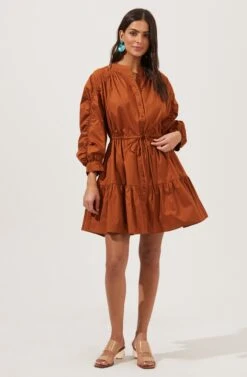 Ruched Long Sleeve Dress -Dresses Sales Store ADR100883 003 COGNAC 1