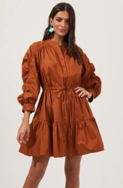 Ruched Long Sleeve Dress -Dresses Sales Store ADR100883 003 COGNAC 2