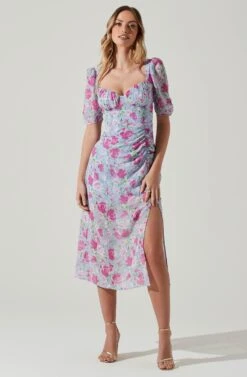 Floral Front Slit Milkmaid Midi Dress -Dresses Sales Store ADR100913 BLUEMAGENTAFLORAL 1