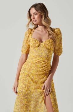 Floral Front Slit Milkmaid Midi Dress -Dresses Sales Store ADR100913 YELLOWPURPLEFLORAL 3