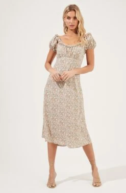 Short Sleeve Ruffle Neck Dress -Dresses Sales Store ADR100919 TAUPE CORALFLORAL 1