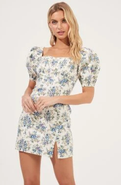 Puff Half Sleeve Mini Dress -Dresses Sales Store ADR100952 WHITEBLUEFLORAL 2