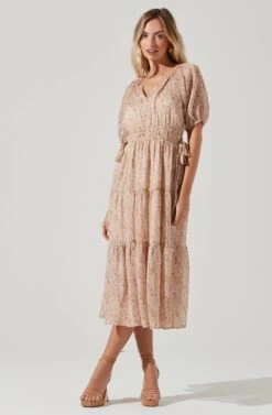 Cinched Waist Tiered Midi Dress -Dresses Sales Store ADR100967 CREAMMAUVEDITSY 0429