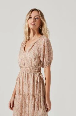 Cinched Waist Tiered Midi Dress -Dresses Sales Store ADR100967 CREAMMAUVEDITSY 0440