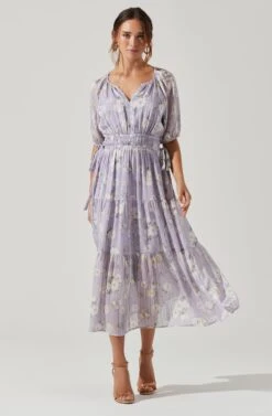 Cinched Waist Tiered Midi Dress -Dresses Sales Store ADR100967 LAVENDERCREAMFLORAL 2