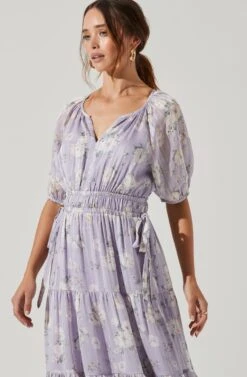 Cinched Waist Tiered Midi Dress -Dresses Sales Store ADR100967 LAVENDERCREAMFLORAL 4