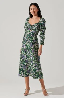 Floral Long Sleeve Twist Keyhole Front Midi Dress -Dresses Sales Store ADR100972 GREENPURPLEFLORAL 1