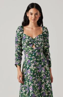 Floral Long Sleeve Twist Keyhole Front Midi Dress -Dresses Sales Store ADR100972 GREENPURPLEFLORAL 2