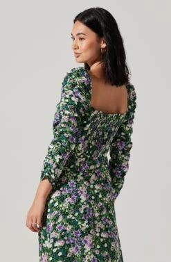 Floral Long Sleeve Twist Keyhole Front Midi Dress -Dresses Sales Store ADR100972 GREENPURPLEFLORAL 5