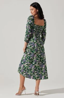 Floral Long Sleeve Twist Keyhole Front Midi Dress -Dresses Sales Store ADR100972 GREENPURPLEFLORAL 6