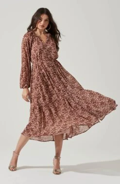 Long Sleeve Floral Button Front Tiered Midi Dress -Dresses Sales Store ADR100998B BLUSH RUSTMULTI 1