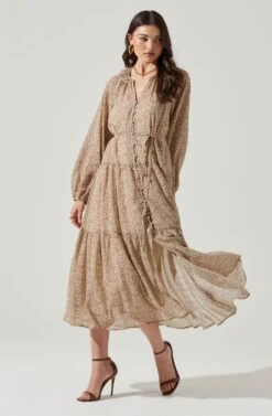 Long Sleeve Floral Button Front Tiered Midi Dress -Dresses Sales Store ADR100998B IVORY BROWNMULTI 1