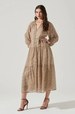 Long Sleeve Floral Button Front Tiered Midi Dress -Dresses Sales Store ADR100998B IVORY BROWNMULTI 2