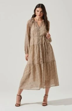 Long Sleeve Floral Button Front Tiered Midi Dress -Dresses Sales Store ADR100998B IVORY BROWNMULTI 3