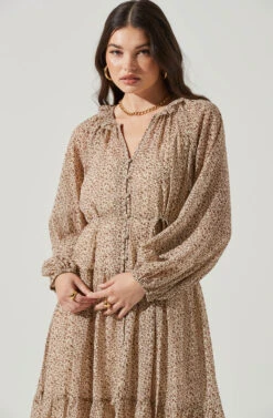 Long Sleeve Floral Button Front Tiered Midi Dress -Dresses Sales Store ADR100998B IVORY BROWNMULTI 4