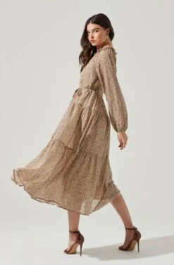 Long Sleeve Floral Button Front Tiered Midi Dress -Dresses Sales Store ADR100998B IVORY BROWNMULTI 6