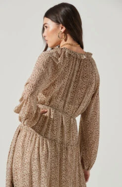 Long Sleeve Floral Button Front Tiered Midi Dress -Dresses Sales Store ADR100998B IVORY BROWNMULTI 7