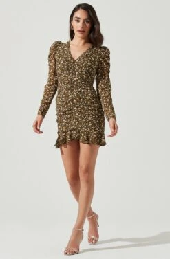 Long Sleeve Ruched Center Dress -Dresses Sales Store ADR101034 BLACKMULTIFLORAL 1