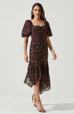 Short Sleeve Asymmetrical Hem Dress -Dresses Sales Store ADR101039 BROWN BLUEFLORAL 2