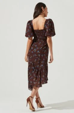 Short Sleeve Asymmetrical Hem Dress -Dresses Sales Store ADR101039 BROWN BLUEFLORAL 5