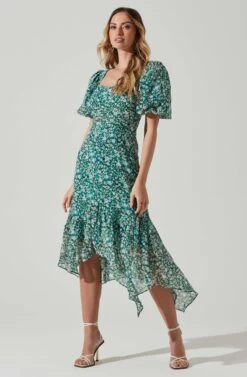 Floral Short Sleeve Asymmetrical Hem Midi Dress -Dresses Sales Store ADR101039 GREENMULTI 2