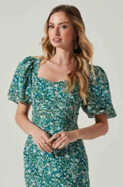 Floral Short Sleeve Asymmetrical Hem Midi Dress -Dresses Sales Store ADR101039 GREENMULTI 3