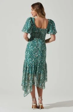 Floral Short Sleeve Asymmetrical Hem Midi Dress -Dresses Sales Store ADR101039 GREENMULTI 6